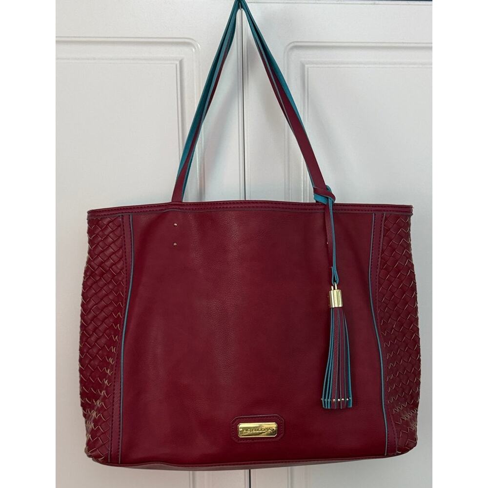 Big Buddha Faux Leather Shoulder Bag Purse Woven Detail Dark Red w/Blue Interior